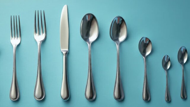 A collection of shiny silverware arranged on a textured turquoise background