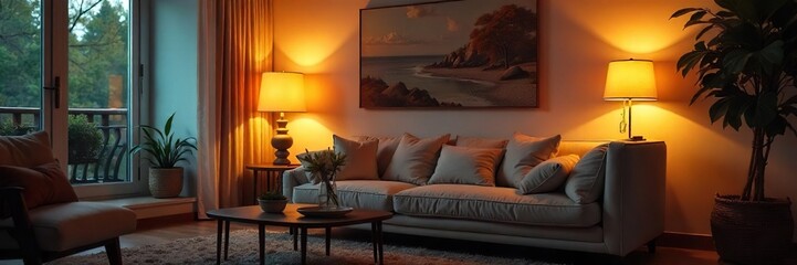 Cozy Modern Living Room with Soft Ambient Lighting, Perfect for Relaxation and Evening Comfort