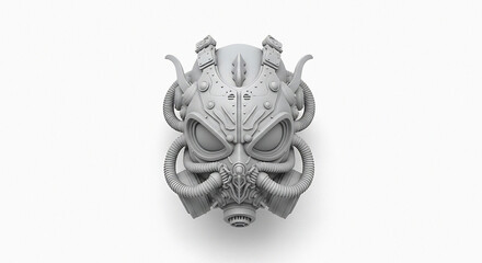 Close up of a gray futuristic mask with tubes and horns on a white background in studio lighting