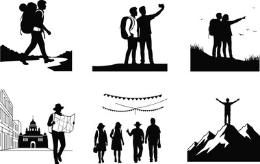 Global adventure travelers hiking, sightseeing, photographing, exploring city and nature destinations, wanderlust tourism journey, vacation trip, and outdoor exploration vector illustration design