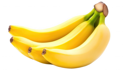 A bunch of ripe yellow bananas with green stems isolated against a  transparent background in close up view
