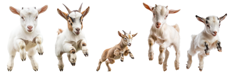Playful Goats Jumping in a Rustic Farm Setting with Green Background, Isolated on Transparent, white background