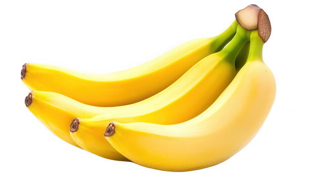 A bunch of ripe yellow bananas with green stems isolated against a transparent background in close up view - Powered by Adobe