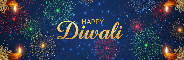 A festive Diwali celebration with fireworks and Diya lamps on a dark blue background.