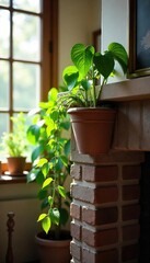 Sunlit Cozy Fireplace Mantel with Thriving Hearth Plant in Rustic Terracotta Pot, adding warmth and natural beauty to a home interior.