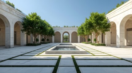 Elegant modern courtyard with symmetrical architectural design, stone walls, arched corridors, and minimalist water fountains surrounded by green trees under bright natural daylight and blue sky