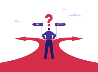 Concept of decision making and choices success in the future goal, businessman looking the route with sign fail or success