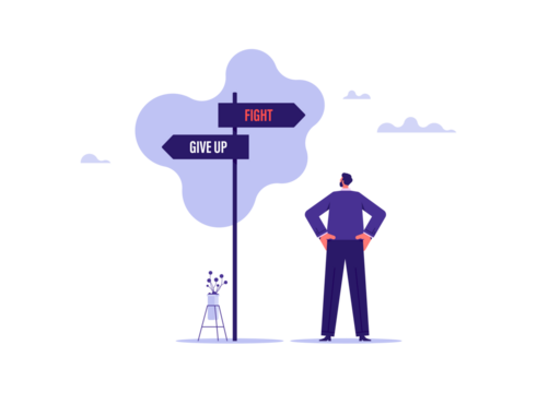 Concept of never give up up on business and career development, businessman standing and looking on fight and give up sign post