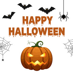 Happy Halloween Greeting with Jack-o'-Lantern, Bats, and Spiders on White Background