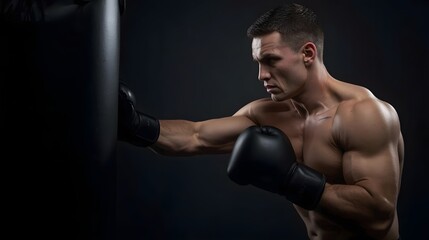 Focused male boxer training with punching bag in dark gym, strong athletic man wearing black gloves practicing boxing techniques and improving fitness, power, and endurance through intense workout ses