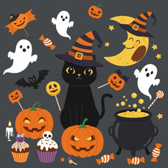Cute Halloween Characters and Spooky Elements Collection on Dark Background