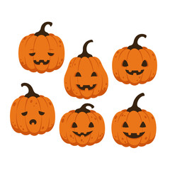 Cute Halloween Pumpkins with Various Faces Isolated on White Background