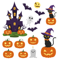 Cute Halloween Vector Elements Set with Haunted House, Jack-o'-Lanterns, Black Cats, and Bats