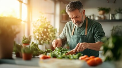 Mature man in apron preparing fresh green vegetables for healthy home cooked meal in bright, sunlit kitchen, highlighting wellness and natural ingredients.