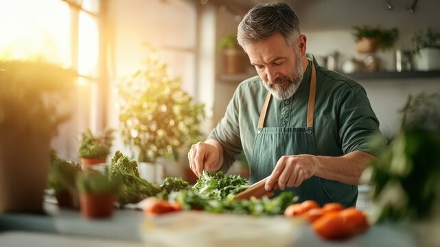 Mature man in apron preparing fresh green vegetables for healthy home cooked meal in bright, sunlit kitchen, highlighting wellness and natural ingredients. - Powered by Adobe