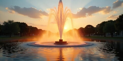 Majestic Sunrise Fountain Golden Glow, Tranquil Water Spray, Serene Summer Awakening
