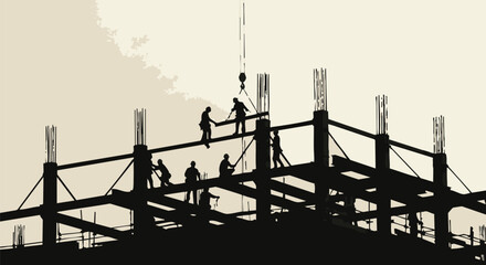 Silhouette of construction workers diligently working on a building frame, showcasing teamwork and architectural progress against a neutral sky backdrop.