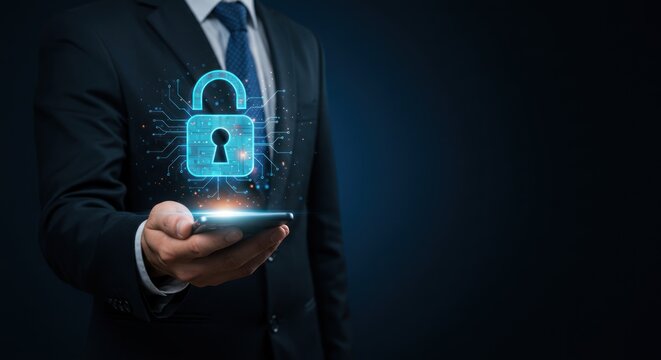 Man in suit holds phone with digital padlock security symbol above it. - Powered by Adobe