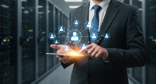 Man in suit holding tablet with network icons in server room.