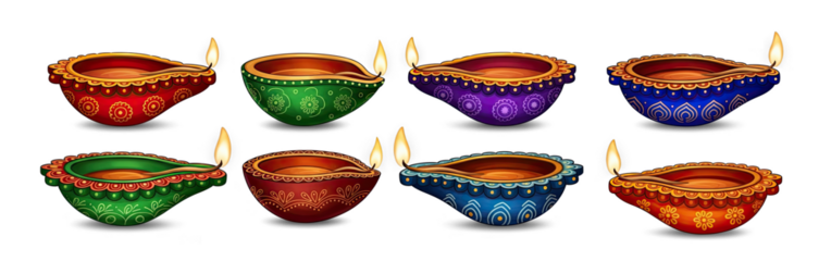 Set of colorful Diwali oil lamps with intricate designs, arranged in a grid on a png transparent.
