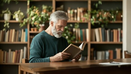 Wise senior man deeply absorbed in book, enjoying peaceful moment of learning and leisure in cozy home library setting full of knowledge
