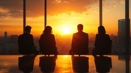 Silhouettes of four people sitting in office chairs facing a large window with a vibrant orange sunset over a city skyline creating a reflective surface on the table