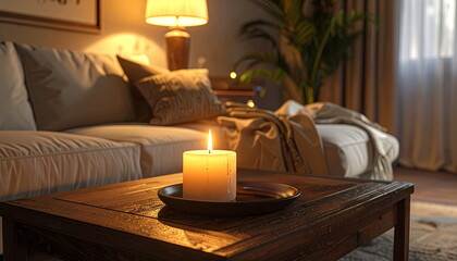 Cozy Living Room with Burning Candles and Warm Light Ambiance
