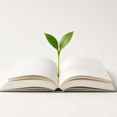 Open book with green plant sprouting from pages, concept of knowledge growth and sustainability
