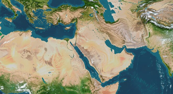 Detailed satellite view of middle east and surrounding regions