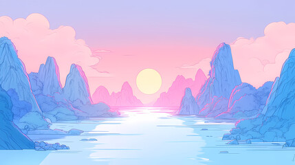 Pastel Mountains and Sunrise Over Water