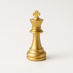 Golden chess king piece standing upright on white background, symbol of leadership and strategy