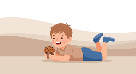 Joyful Child Relaxes While Enjoying a Freshly Baked Muffin Dessert or Treat