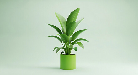 A plant with green leaves in a green pot against a light green background in a studio setting