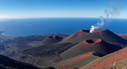 Volcanic landscape with smoking crater and ocean view on stromboli island