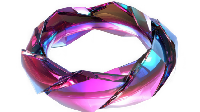 A holographic torus shape with angular facets and iridescent reflections on a  transparent background