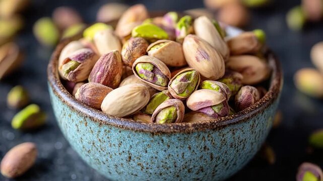 A bowl filled with pistachios placed on a table, perfect for snacking or serving