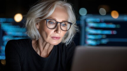 Concentrated mature woman, wearing glasses, focuses intently on a laptop screen while working in a dimly lit environment.
