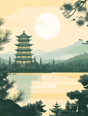 Serene Chinese Pagoda Landscape Painting