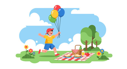 Obraz premium Joyful Child's Picnicking Adventure with Balloons on a Sunny Day Outdoors