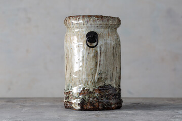 Hagi-yaki Ikebana Hanaire Kabin Kakehanaire Hanging Flower Vase Kiln Variation by Takashi Ajishta Yamaguchi Japan 1990s Vintage