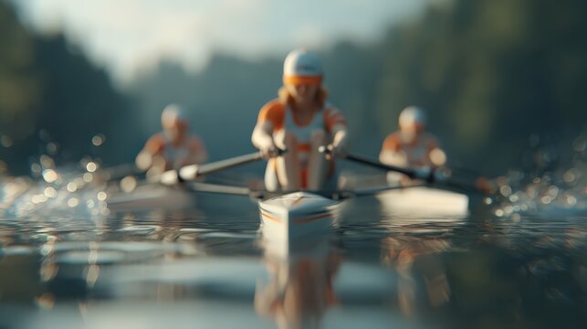 Team of rowers compete, gliding across the water with focused determination on a tranquil lake.