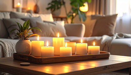 Cozy Living Room with Burning Candles and Warm Light Ambiance