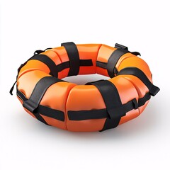 Safety first with this buoyant life ring, essential gear for water sports and rescue. It's an orange flotation device with black straps, isolated in white background. Life-saving equipment.
