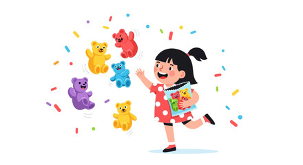 Joyful Girl Delighted By Colorful Gummy Bears and Sweet Treats, Cheerful Illustration