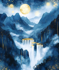 Mystical Mountain Landscape with Golden Waterfalls