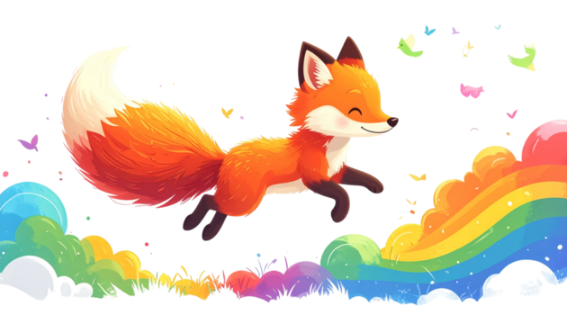 Playful Fox Running in Rainbow Field
