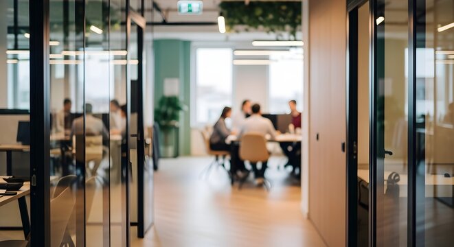 Modern Office Hallway Leading to Team Meeting Room