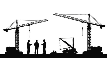Silhouette of construction workers and cranes, illustrating teamwork and infrastructure development against a bright background.