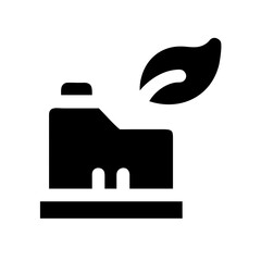 Illustration of a green factory with a leaf, symbolizing ecofriendly industry, sustainable manufacturing, or green production
