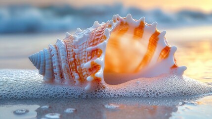Close-up of an intricate seashell partially covered in sea foam on wet sand with gentle ocean waves and warm sunlight in the background